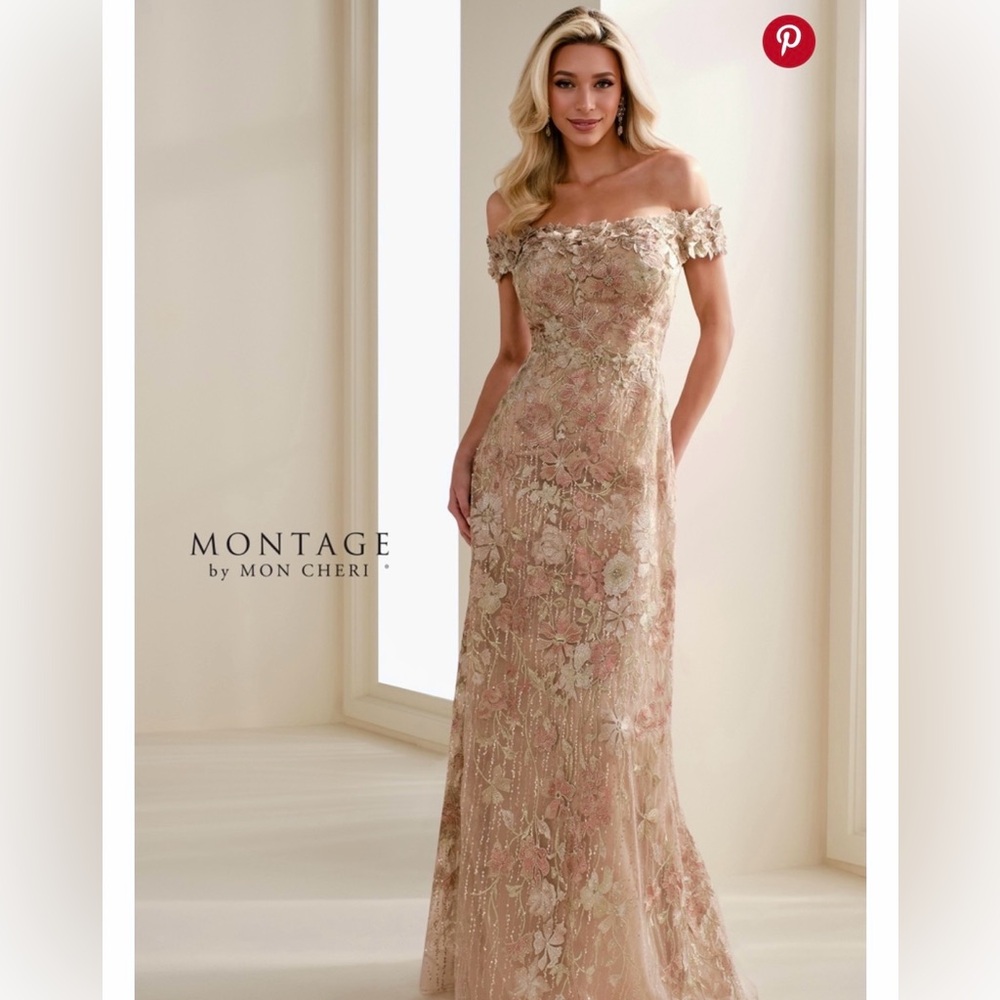 Montage by Mon Cheri Dusty Blush Floral Off-Shoulder Gown